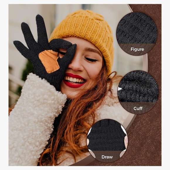 Women’s Black Knit Gloves with Tan Patch - Picture 5 of 5